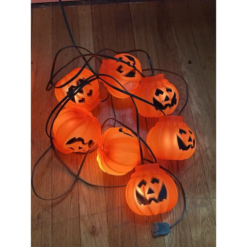 2 Sets Vintage 7 Halloween Blow Mold Pumpkin String Lights 1992